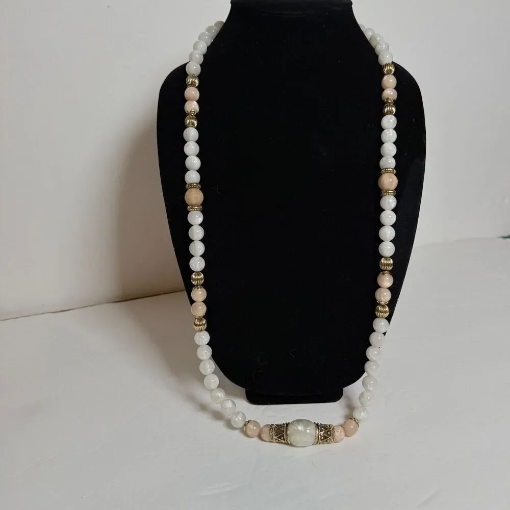 1928 Jewelry Long White Pink Beaded Necklace 32" Gold Tone Faux Mother of Pearl
